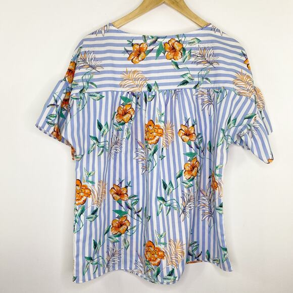 Everly Blue White Striped Floral Print Short Sleeve Blouse Women's Size Large L - Picture 6 of 6